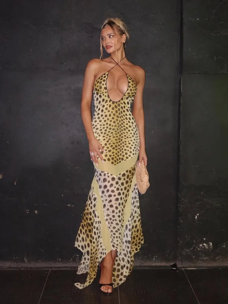 Vestido largo maxi para mujer con estampado de leopardo, escote halter pronunciado, falda escalonada con volantes y falda sirena. Elegante vestido de fiesta, cóctel o para uso diario.