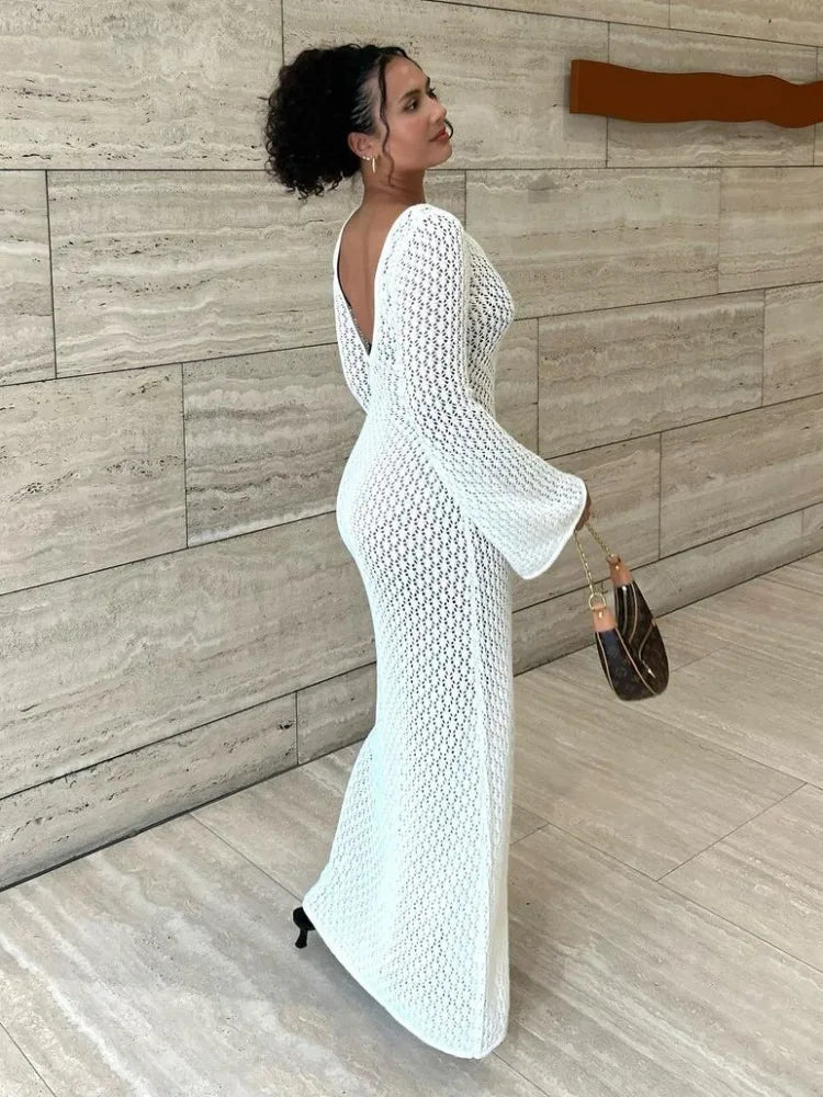 Alejandra-Vestido Largo de Punto Blanco