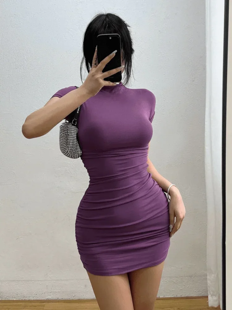 Vestido corto ajustado sexy con cuello alto y cintura plisada, vestidos ajustados para mujer, vestidos cortos de fiesta para mujer, ropa