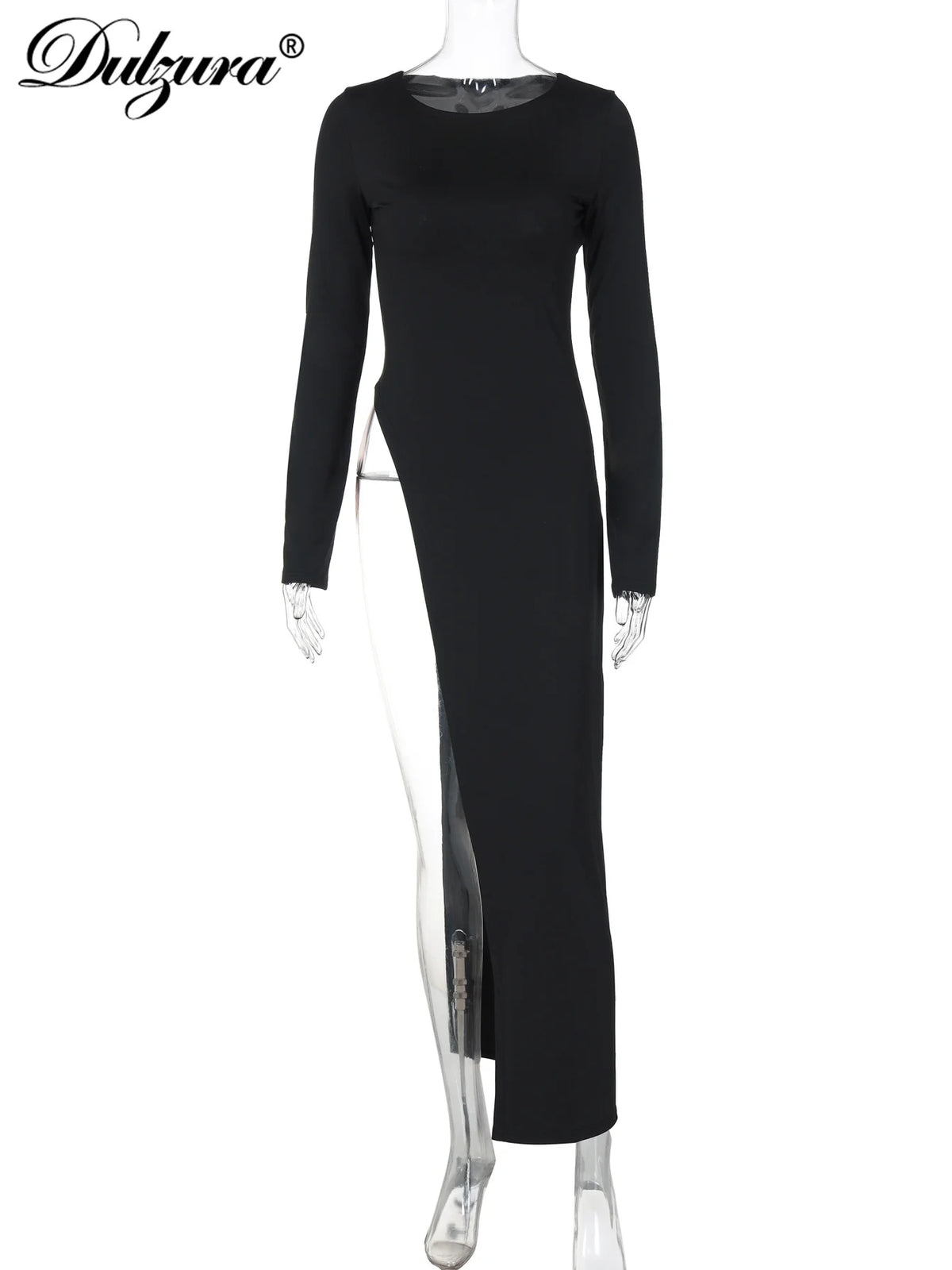 Vestido largo Dulzura de manga larga con abertura lateral, color liso, sexy, ideal para fiestas, clubes o eventos de otoño e invierno.