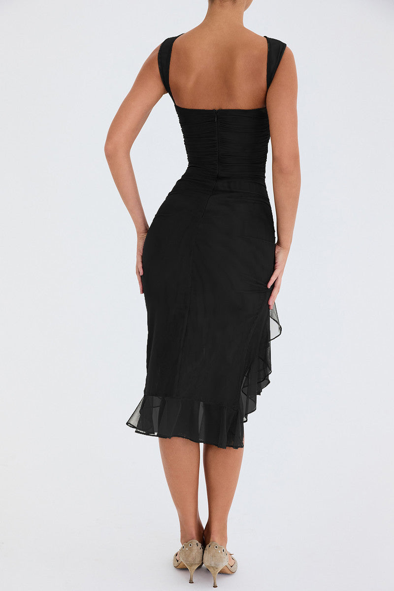 Elegante vestido midi con volantes