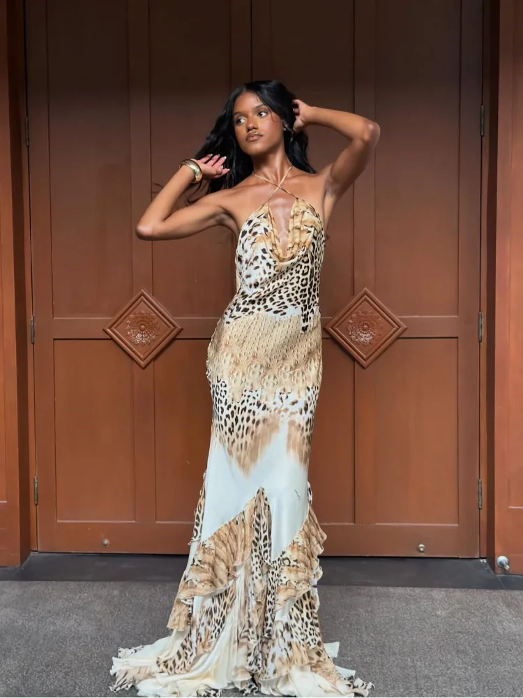 Vestido largo maxi para mujer con estampado de leopardo, escote halter pronunciado, falda escalonada con volantes y falda sirena. Elegante vestido de fiesta, cóctel o para uso diario.