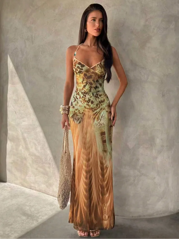 Vestido largo maxi para mujer con estampado de leopardo, escote halter pronunciado, falda escalonada con volantes y falda sirena. Elegante vestido de fiesta, cóctel o para uso diario.