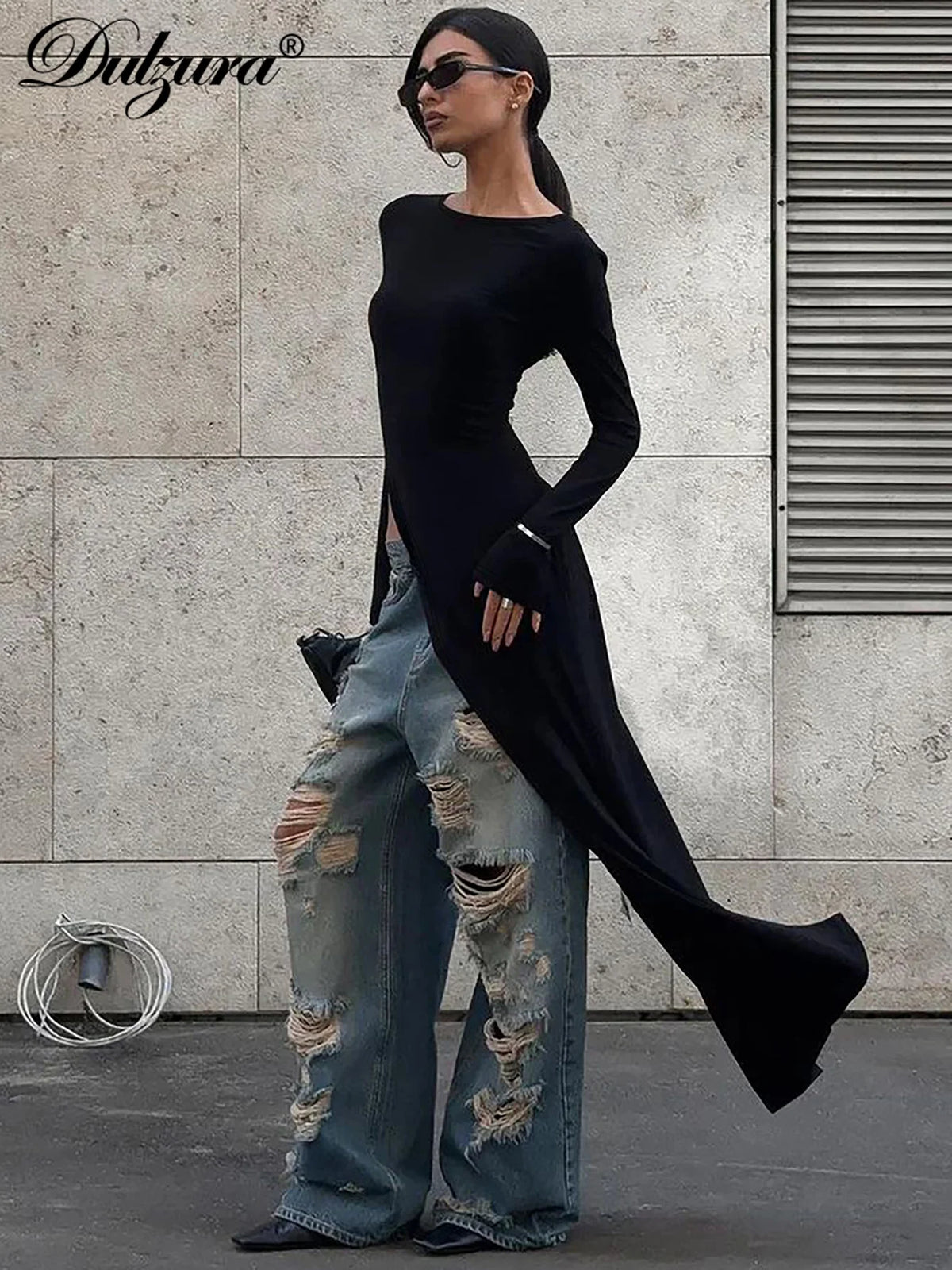 Vestido largo Dulzura de manga larga con abertura lateral, color liso, sexy, ideal para fiestas, clubes o eventos de otoño e invierno.