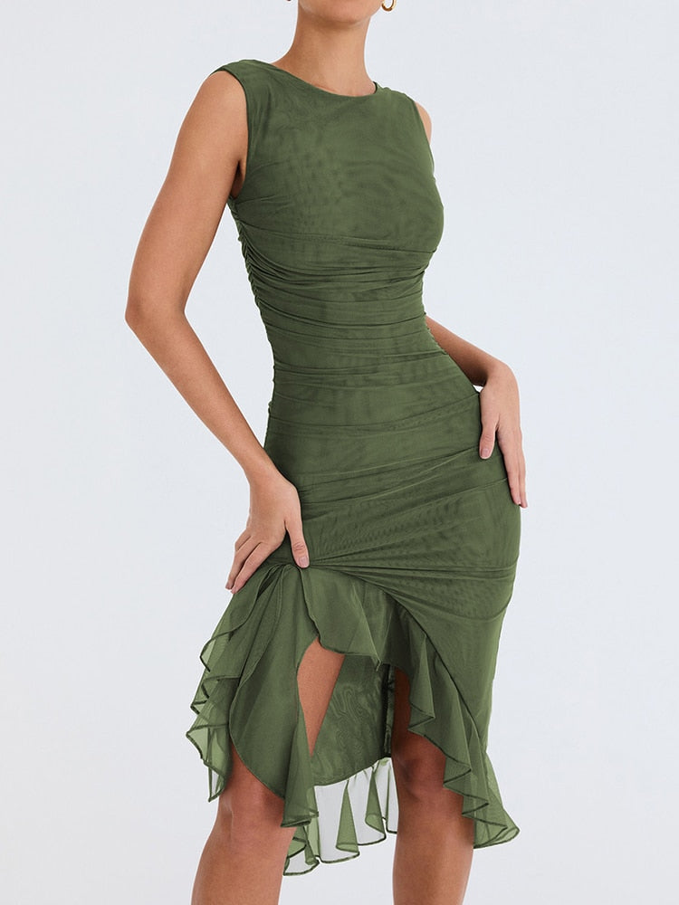 Elegante vestido midi con volantes