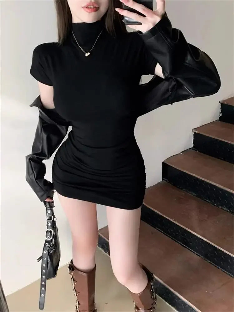 Vestido corto ajustado sexy con cuello alto y cintura plisada, vestidos ajustados para mujer, vestidos cortos de fiesta para mujer, ropa